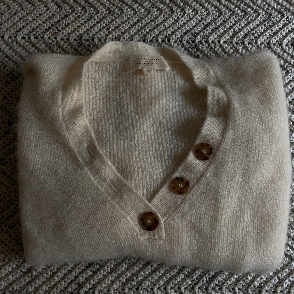 Sezane Three Button Sweater in Ecru